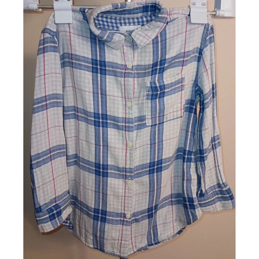 Old Navy Girls S (6-7) Blue White Pink Plaid Long Sleeve Collared Button-Up
